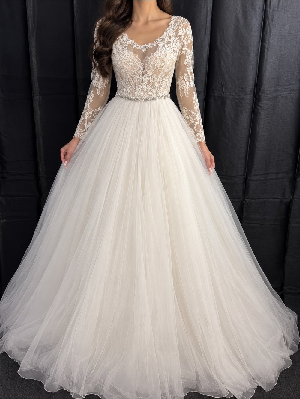 Vendor DC Long Sleeve Lace Tulle Wedding Dress Style DC-591 Ivory/Nude Size 10